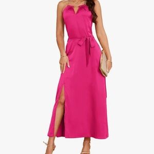 GRACE KARIN Satin Wedding Guest Dresses for Women Fall Backless Rose Red